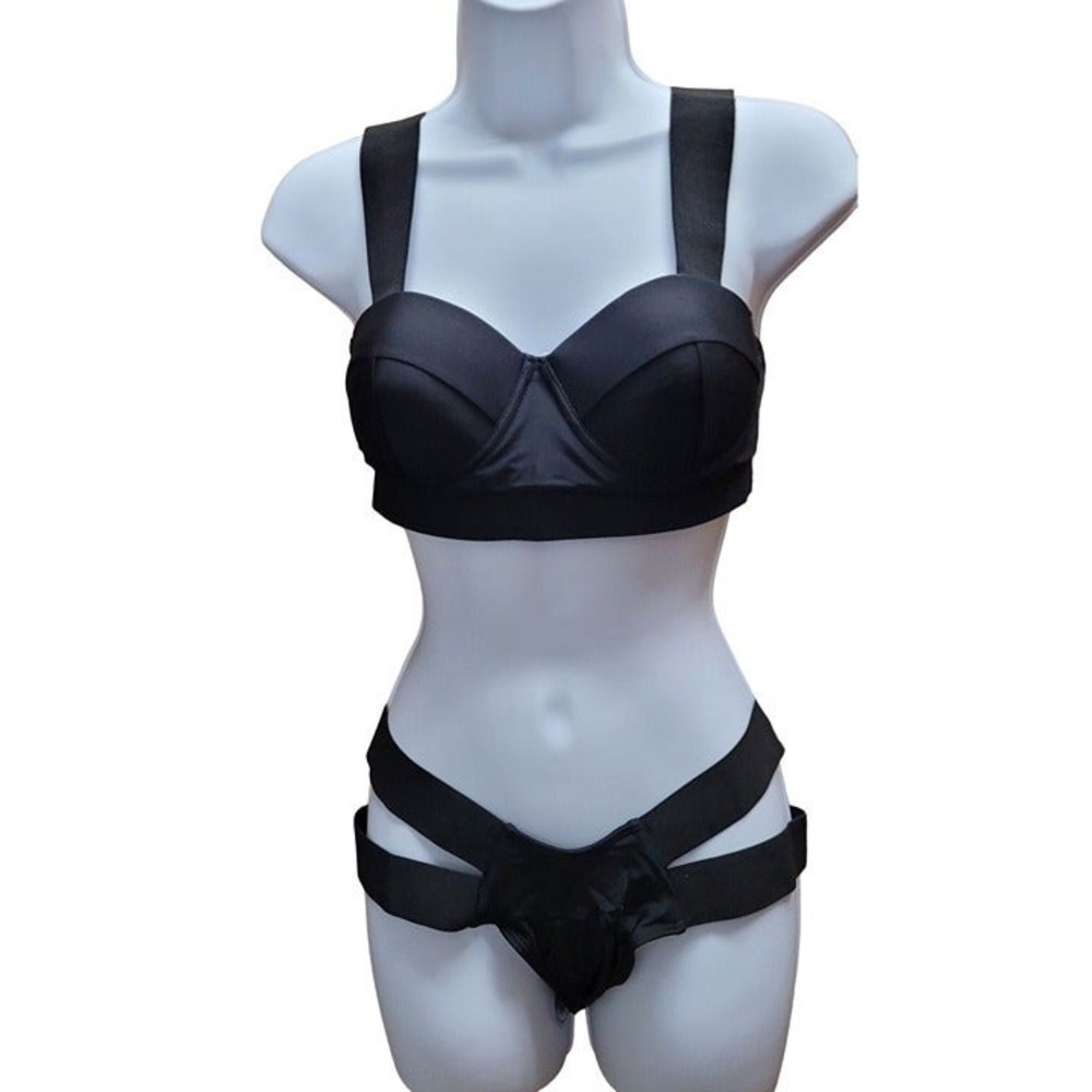 Black Bustier Bikini Wide Strap Underwire Top Cutout Strappy Bottoms Swimwear